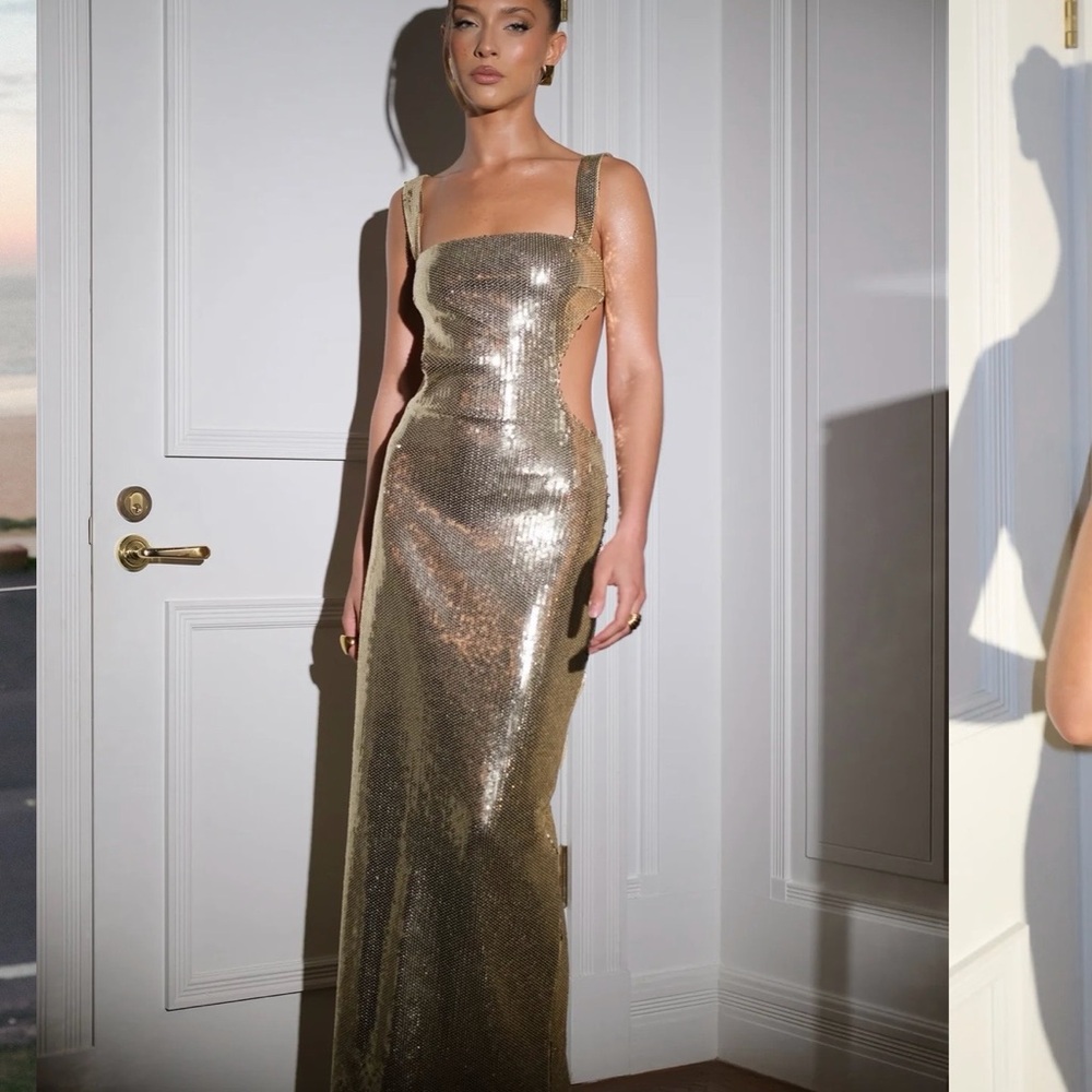 Meshki Adoria Gold Sequin Cut Out Maxi Dress - Cutout Evening Gown